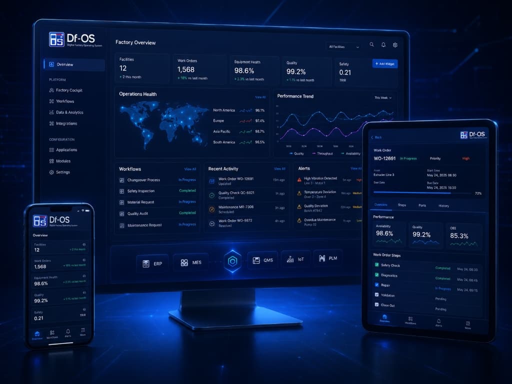 Df-OS Platform Interface Mockup on desktop, tablet, and mobile