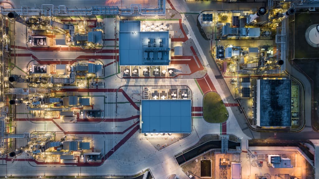 Aerial view of modern automated industrial factory